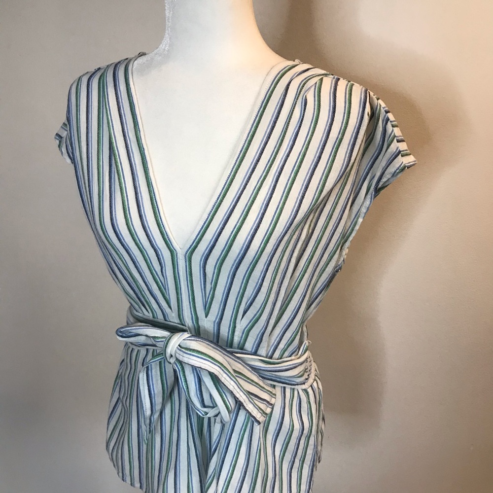 Max Studio Belted Striped Short Sleeve Shirt M - Picture 2 of 7